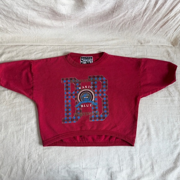 VTG 90s L/XL One Way Street Boxy CroppedSweatshirt Red Plaid Graphic Made in USA - Picture 2 of 10